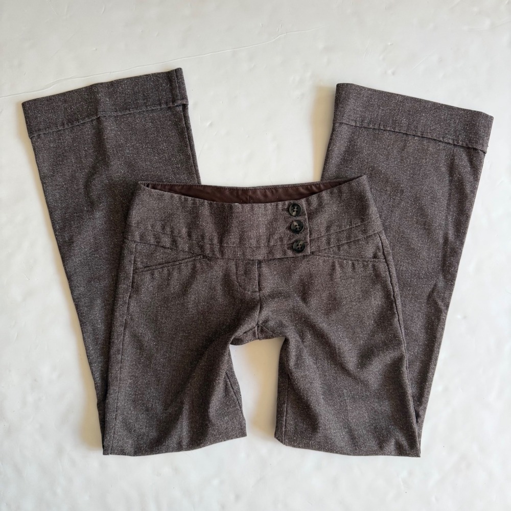 Charlotte Russe Y2K Low Rise Tweed Bootcut Trousers Asymmetrical Button Brown 3